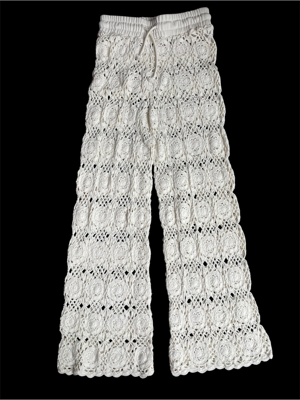 Women's Crochet Wide-Leg Drawstring Pants in White
